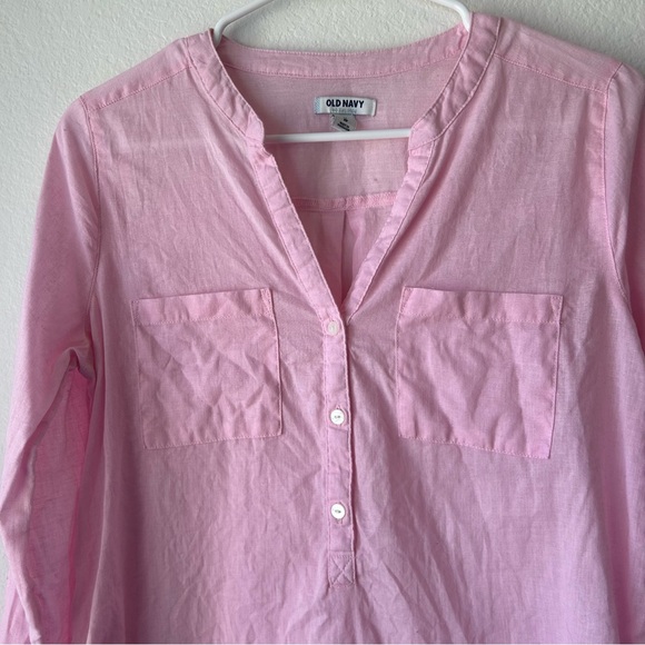 Old Navy Top Women’s XS Pink Linen Tunic Popover Buttons Henley Pockets Coastal - Picture 2 of 10